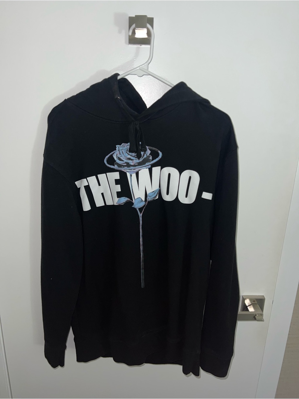 VLONE Black Hoodie with White THE WOO Text and Blue Rose